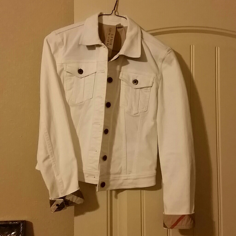 Burberry White Denim Jacket with Check Cuff Detail